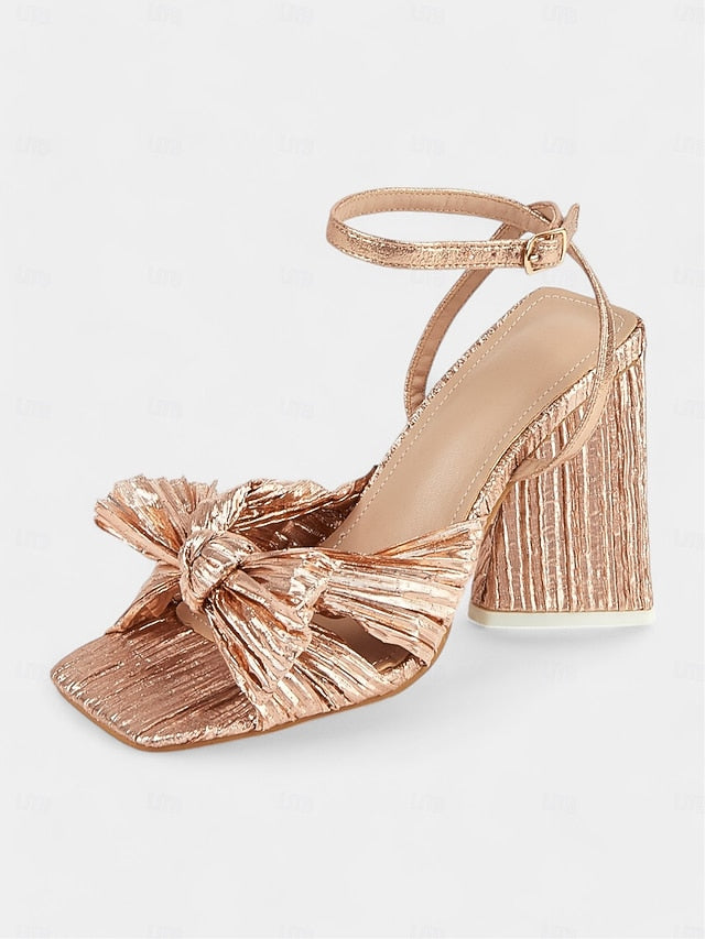 Block Knot Textured Sandals Detail and Rose Gold Heel with