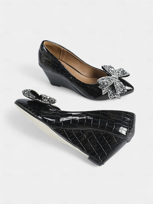 with Bow Patent Black Heels Wedge Glitter Women's Leather