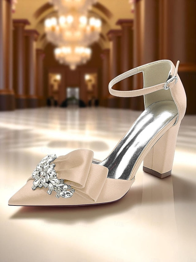 Heel Women's Block Bow Satin Pumps and with Crystal