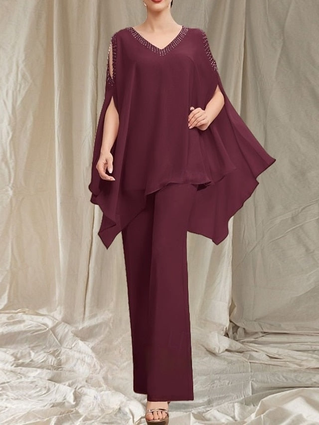 Elegant Dress the Pantsuit V Mother of Guest Bride Wedding Neck