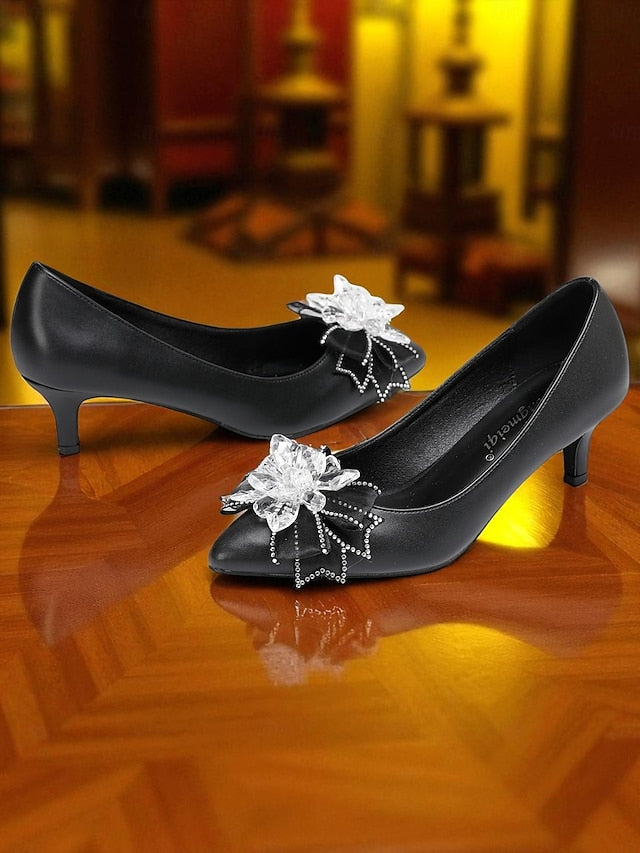 White Shoes Low Women's Wedding with Crystal Bow Heel