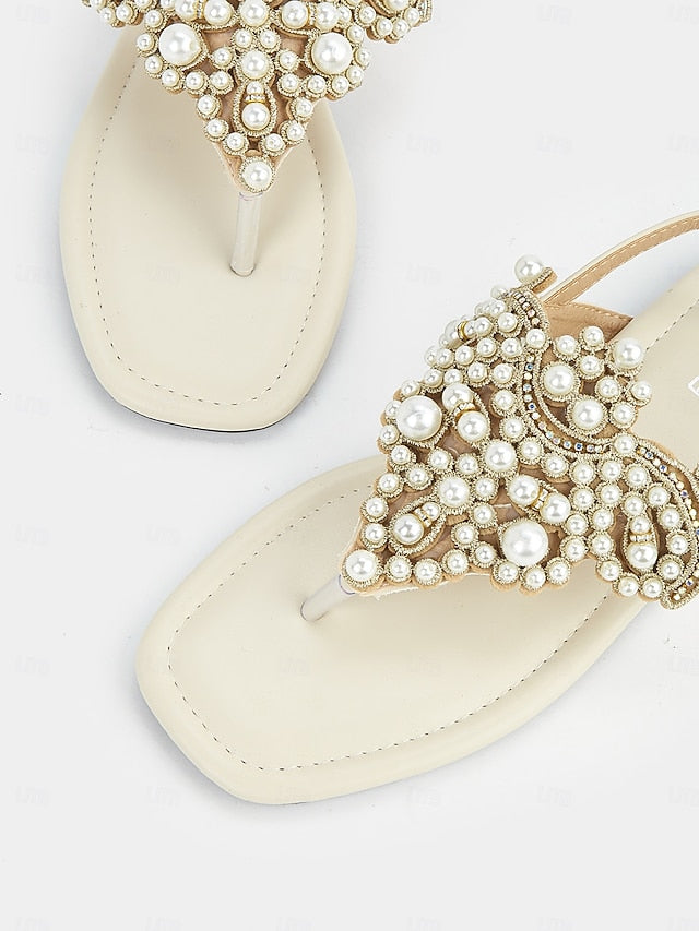 Sandals Pearl-Embellished Women's Elegant – T-Strap Flat