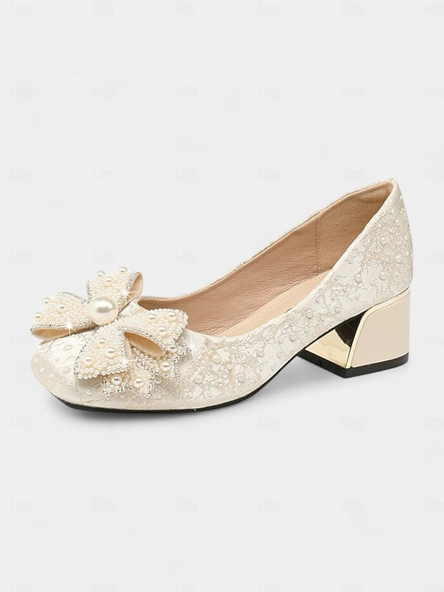 and Detail Gold Pumps with Black Bow Pearl-Embellished –