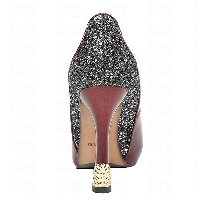 Platform Women's Glitter Leather Patent Heels with Burgundy