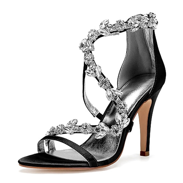 Floral Pink Sandals with High Heel Rhinestone Women's Satin