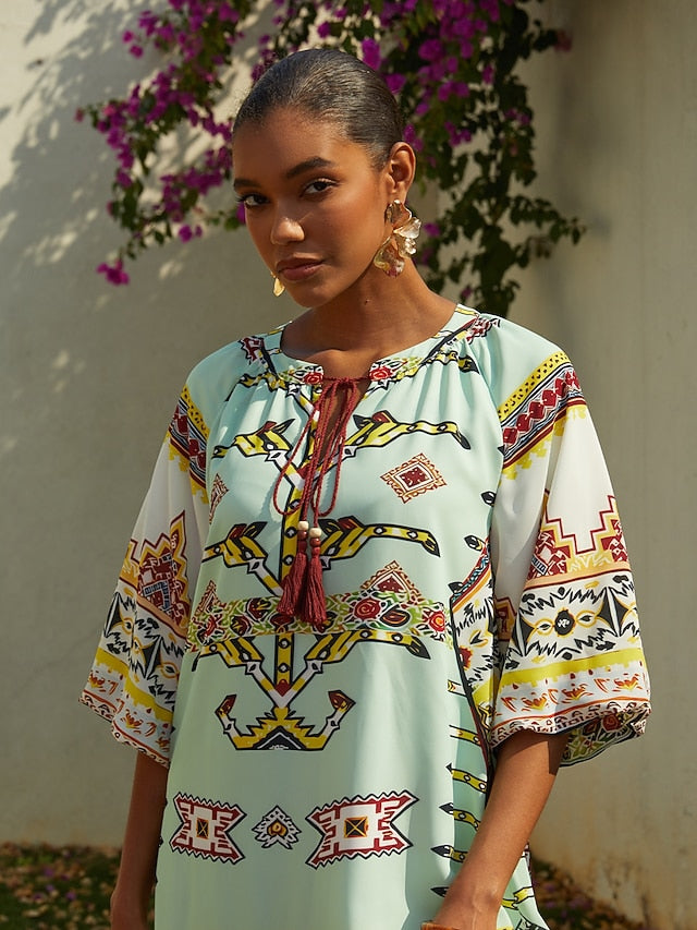 Vacation Vintage Geometric Print Straight Chiffon Maxi Dress