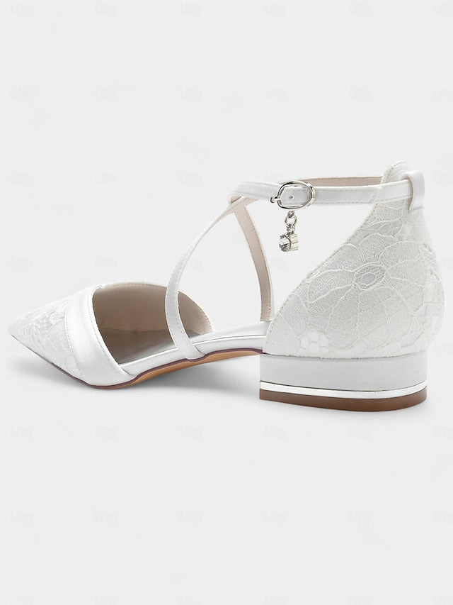 Heel Shoes Cross-Strap Overlay Navy Low with for Lace Satin Blue
