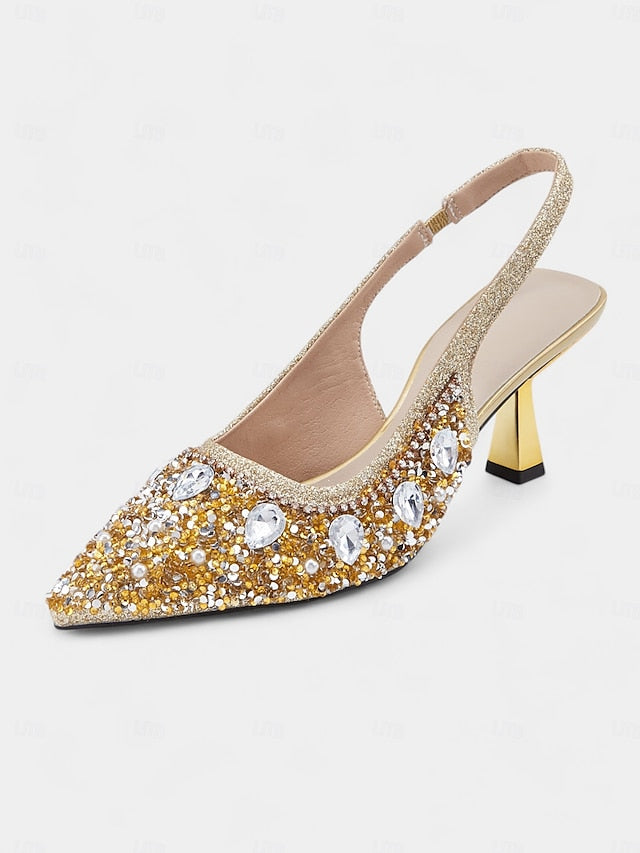 with Slingback Gold Rhinestone Heels Women's Pearl