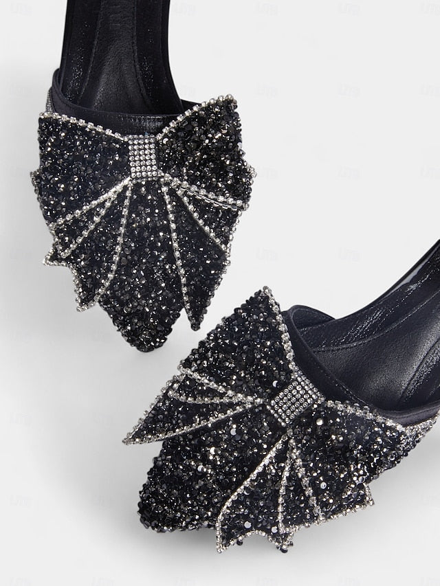 Flat Black Parties – Perfect and Rhinestone-Bow Mules for