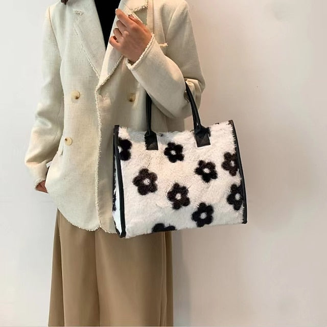 Tote Bag with Leather Faux Leopard Print Brown Women's Fur
