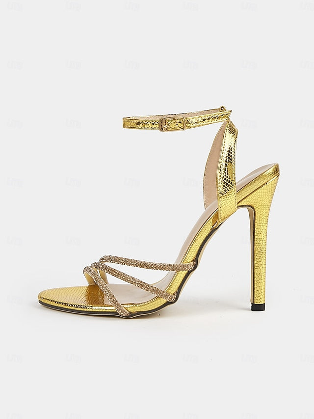 Women Sandals Rhinestone-Embellished Gold Stiletto for Open-Toe