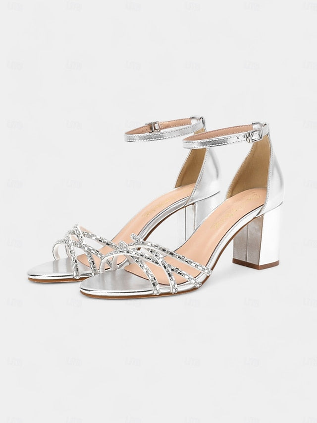 Metallic Rhinestone Block Strappy with Heel Silver Sandals