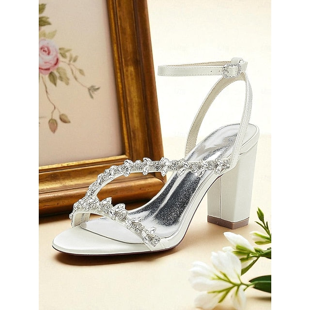 - Rhinestone Heel Block Sandals Women's Straps White with