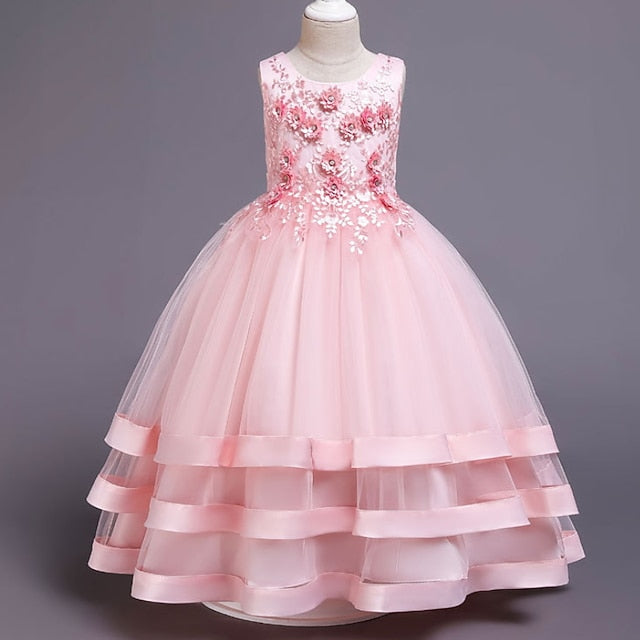 Wedding Girls' Colored Solid Sleeveless Party Kids Dress