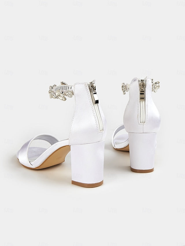 Floral Sandals Block Heel Bridal Ankle White Satin Strap with