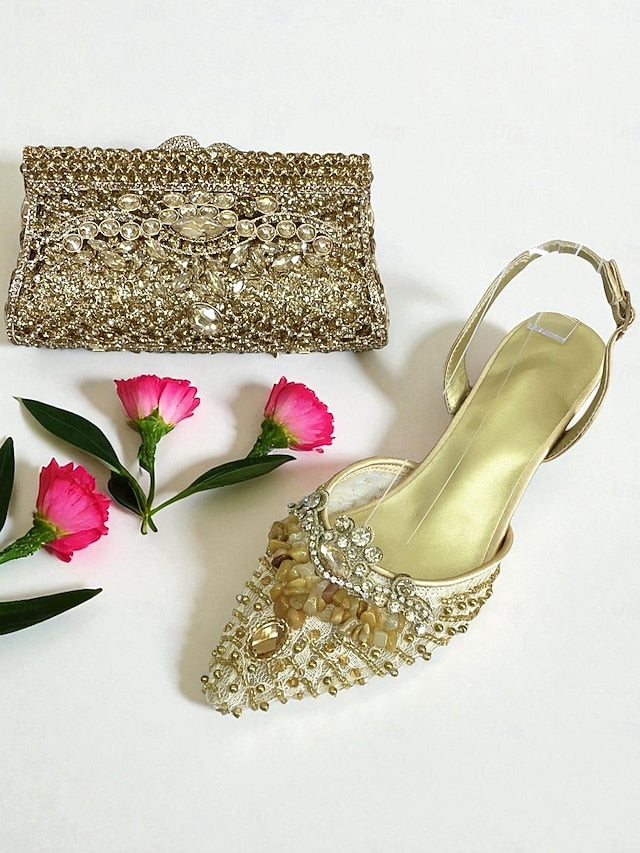 Rhinestone Set Shoes Green Bag - Clutch Heel Women's and