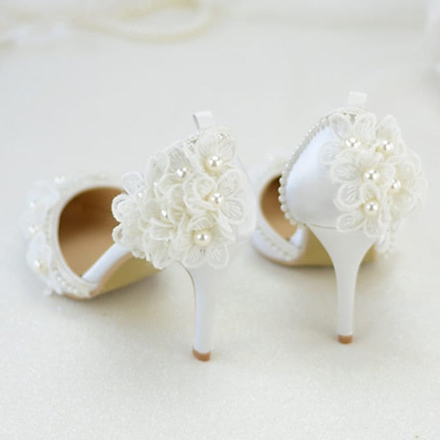 White Floral Platform Heels Wedding Lace with Women's
