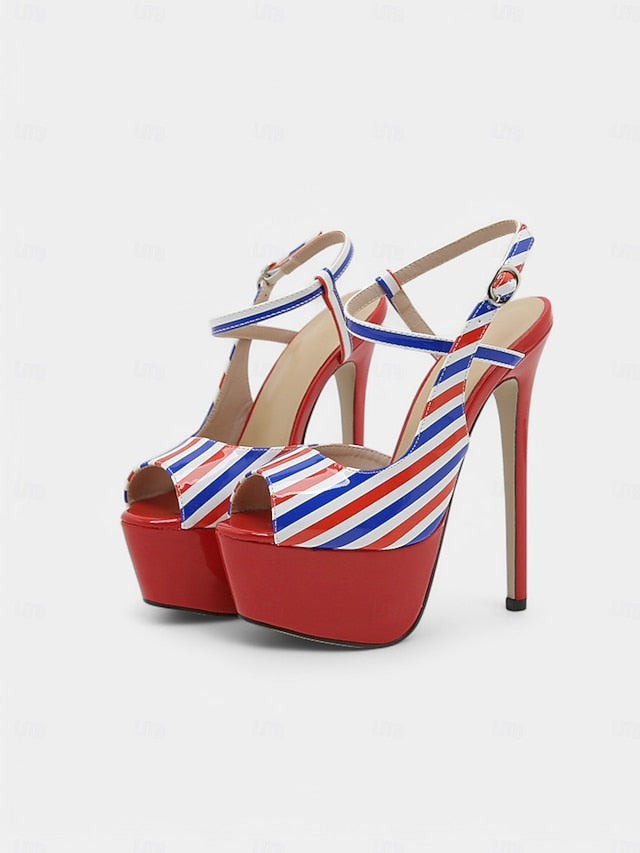 White Platform Red and Striped Blue Stiletto Heels Women's