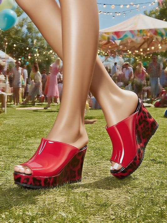 Toe Patent Women's Wedge Leather Red - Leopard Peep Sandals