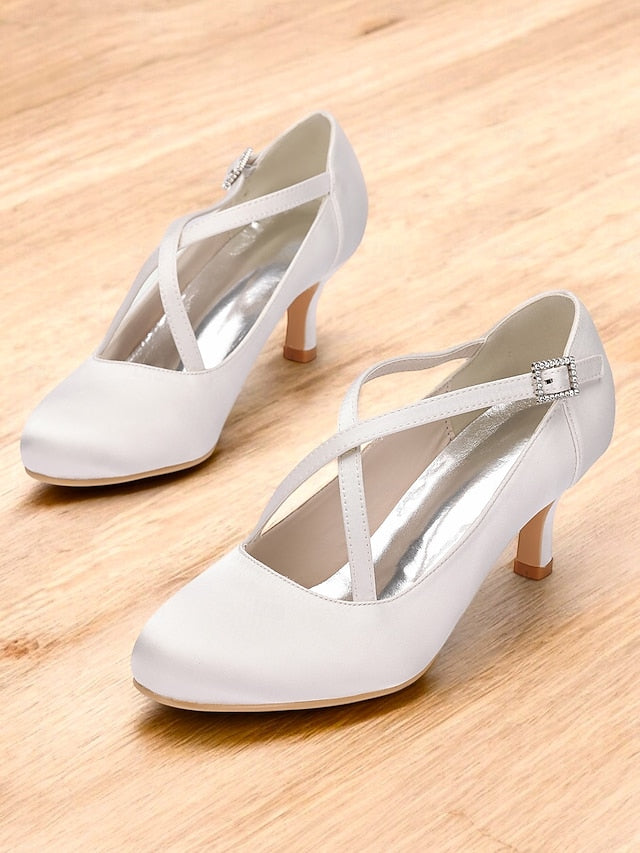 with Rhinestone White – Elegant Satin Buckle Cross-Strap Heels