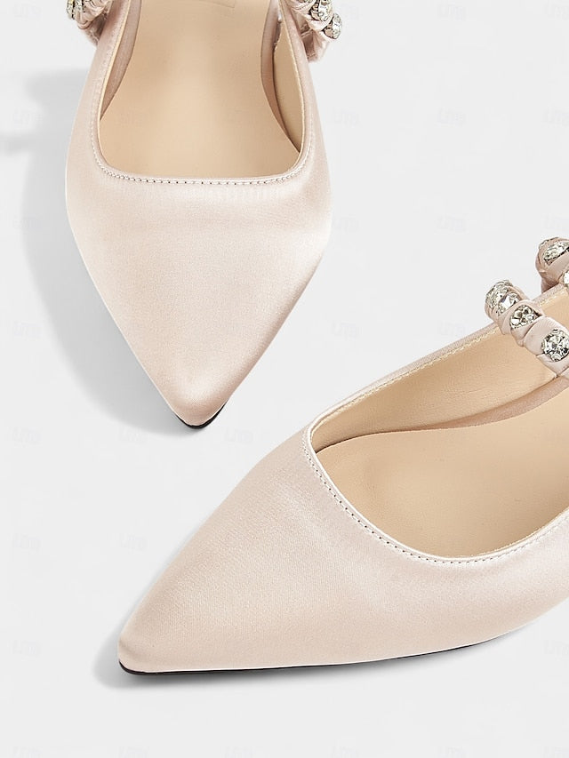 Toe Flats Satin - Women's Rhinestone Slingback Pointed