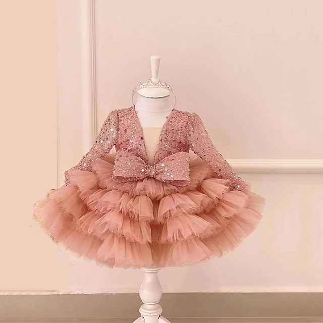 Kids Sleeve Party Dress Long Performance Sequin Girls'