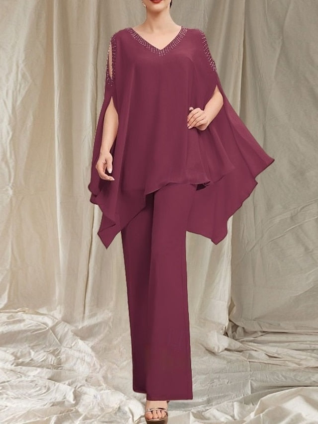 Elegant Dress the Pantsuit V Mother of Guest Bride Wedding Neck