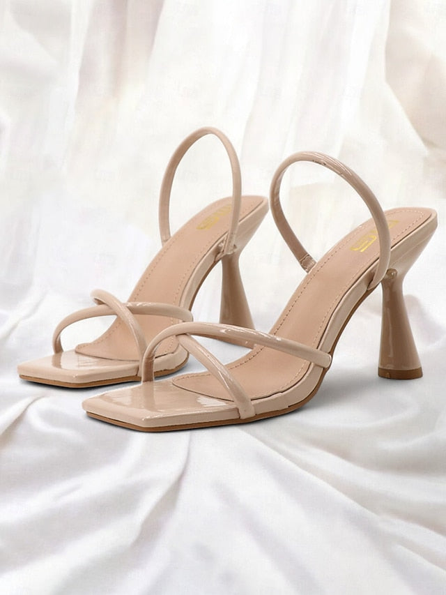 Square Beige Strappy – Toe with Design Sandals Heeled