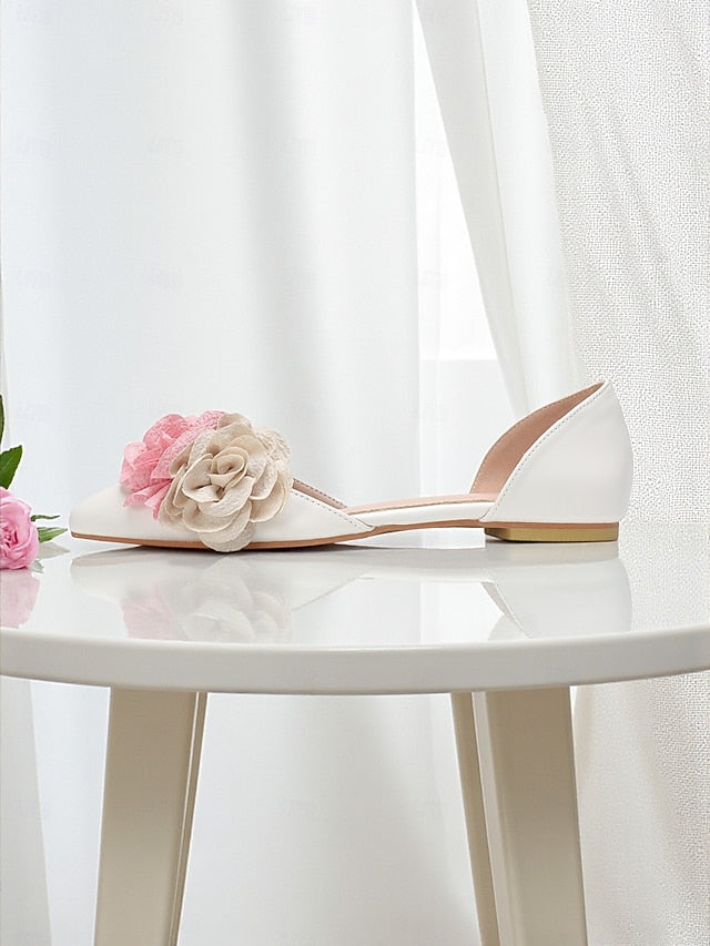 and Flower Wedding Women's Beige with White Flats Pink