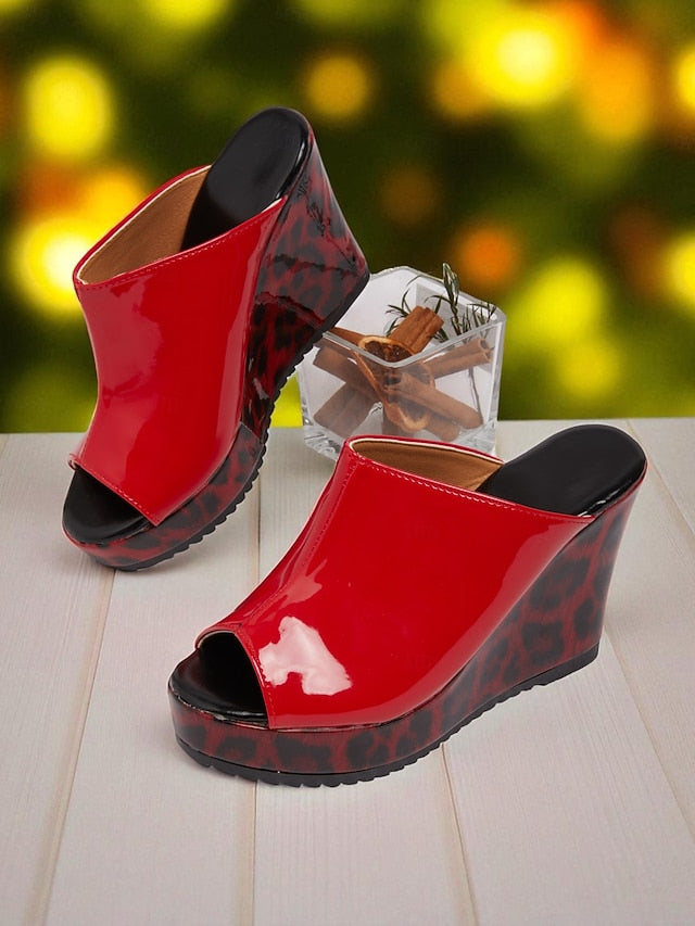 Toe Patent Women's Wedge Leather Red - Leopard Peep Sandals