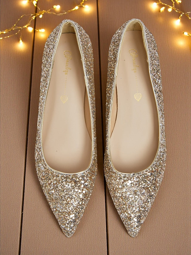 Glitter Pointed Pumps Low Women's - Sparkly Toe Heel