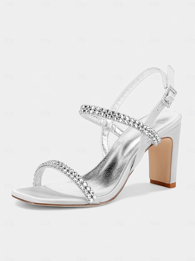 Sandals Prom White Block Rhinestone Women's Bridal – Heel