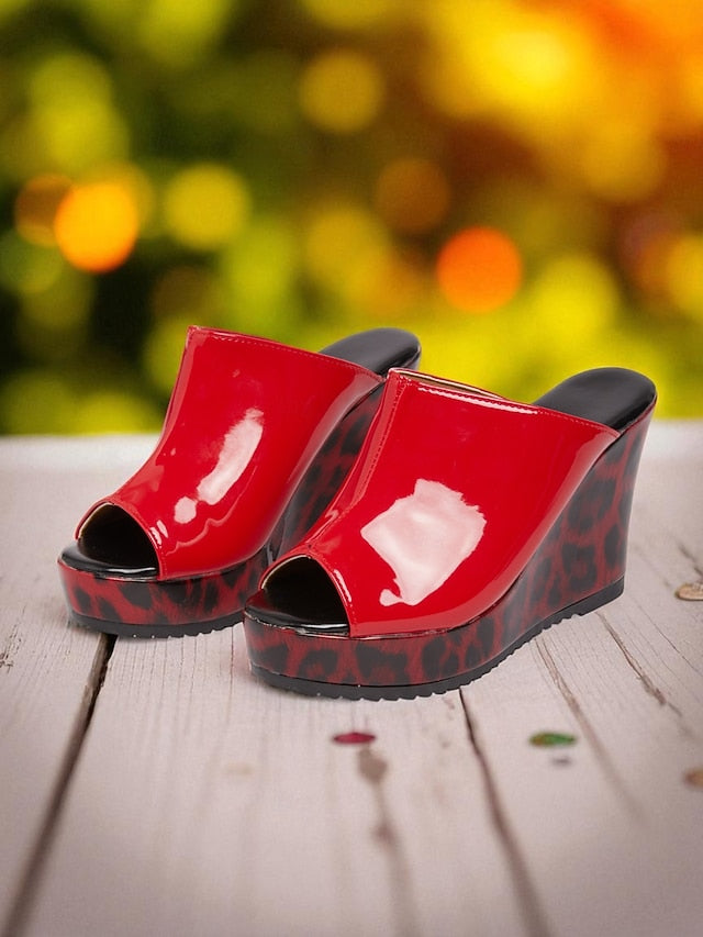 Toe Patent Women's Wedge Leather Red - Leopard Peep Sandals