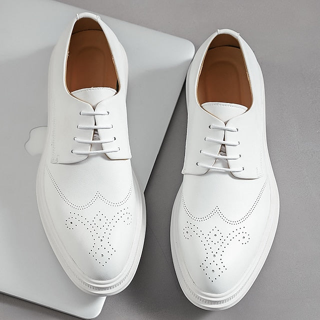Oxford Leather White Men's Shoes with Perforated Faux