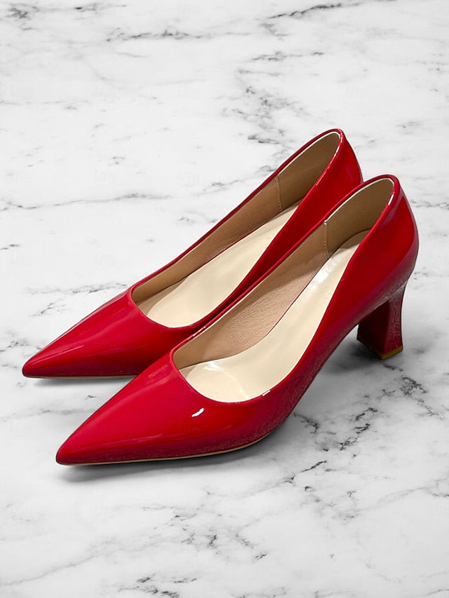 Pumps Patent Faux Pointed-Toe Heel Glossy Leather Green Block