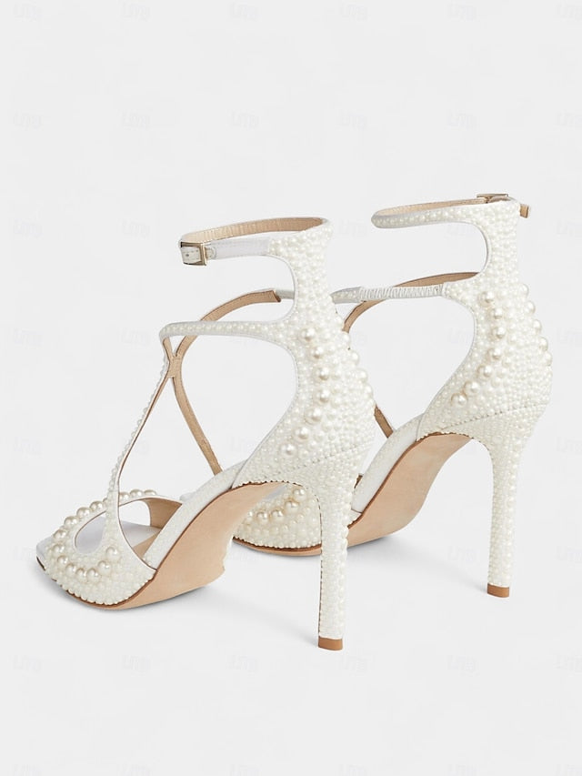 Open-Toe Stiletto Ankle White Sandals Pearl-Embellished with