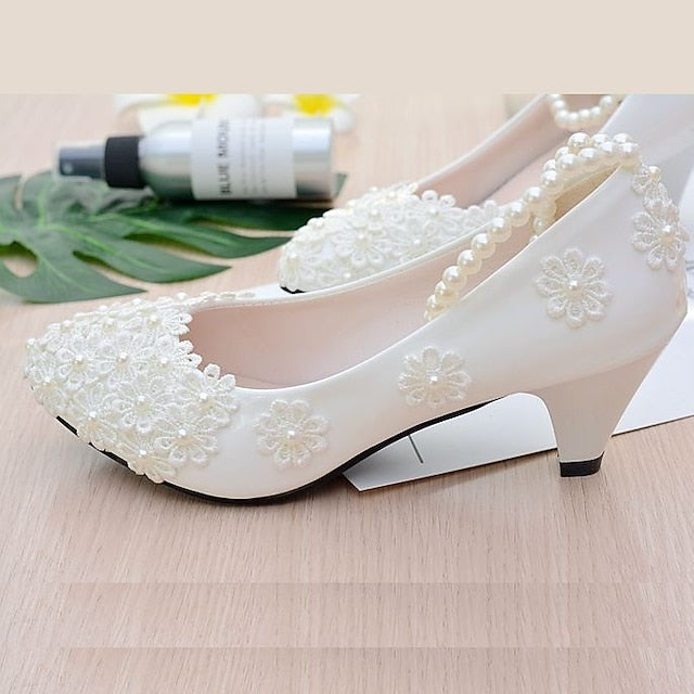 White Heels – Decorated Women's Wedding Lace Floral Pearl