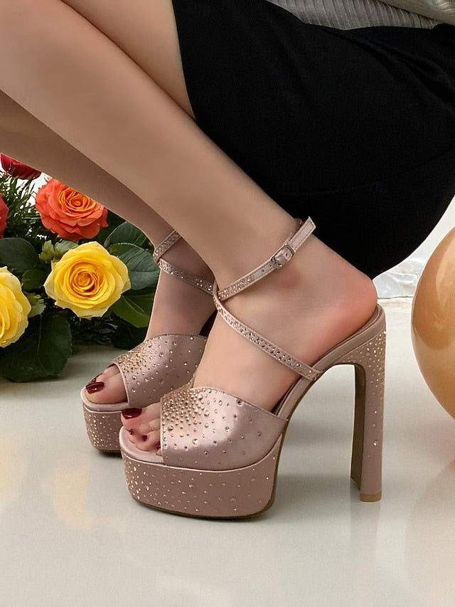 Women's Heel with Toe High Peep Sandals Platform Rhinestone