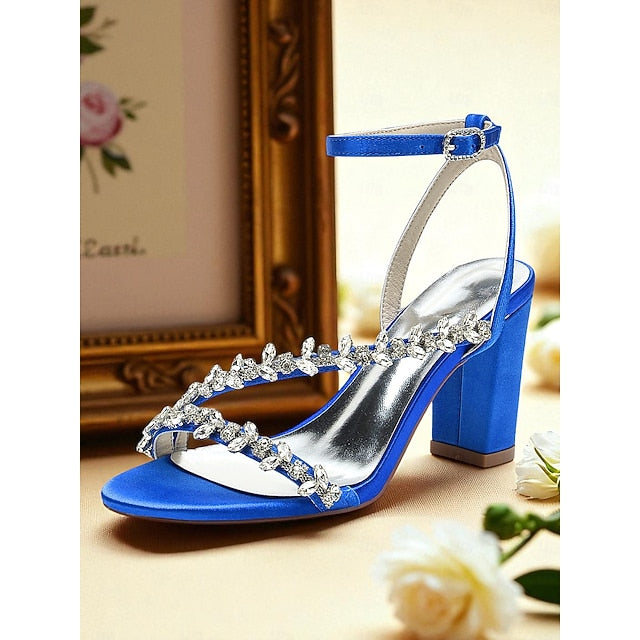 - Rhinestone Heel Block Sandals Women's Straps White with