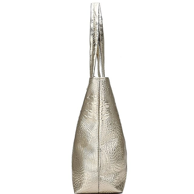 Tasche Faux Große Tote Geprägte Damen Kroko Silber | Kapazität