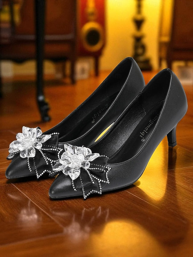 White Shoes Low Women's Wedding with Crystal Bow Heel