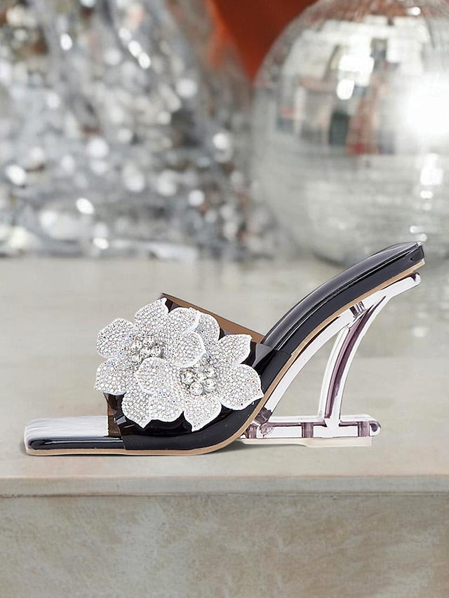 Leather Rhinestone Mules Women's with Flower Patent Black