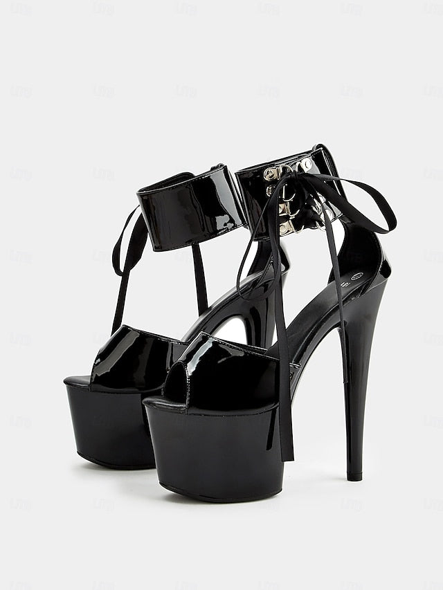 Straps Black Leather Ankle Lace-Up with Patent Sandals Platform