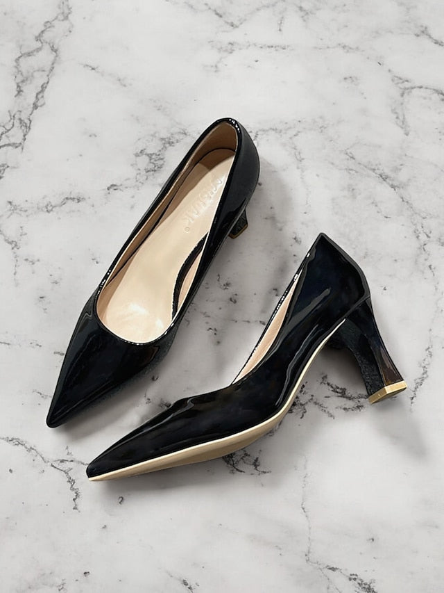 Pumps Patent Faux Pointed-Toe Heel Glossy Leather Green Block
