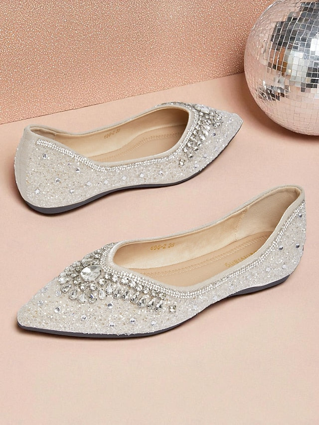 Toe Crystal Pointed Flats Women's Glitter with Silver