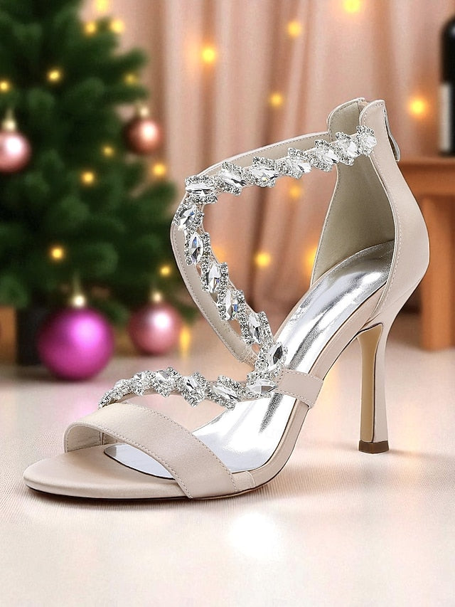 Strappy Rhinestone White Heel Sandals - High Women's