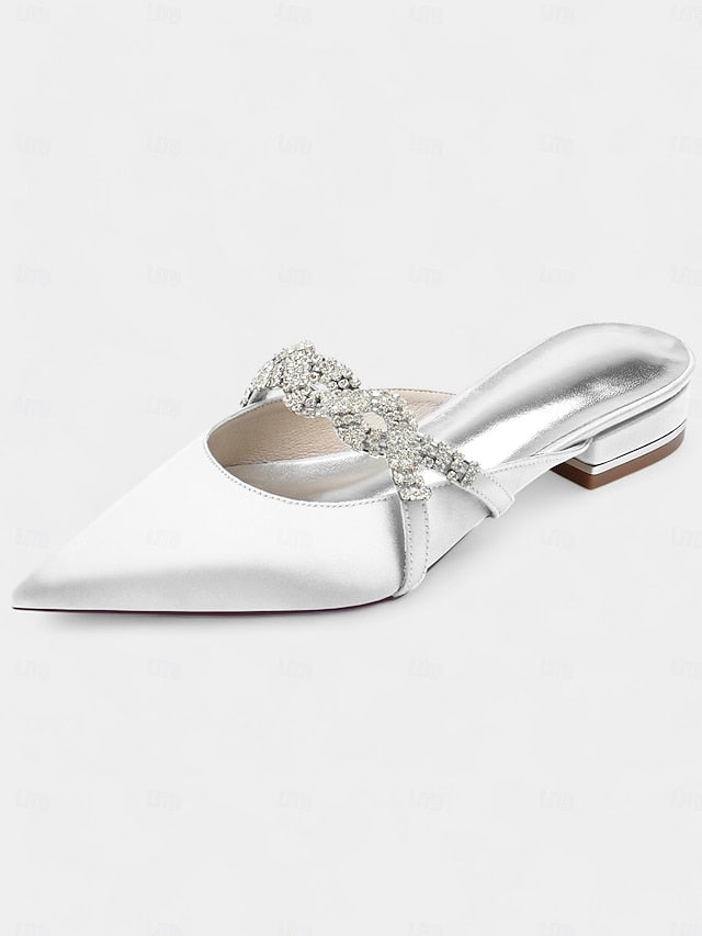 with Pointed-Toe Blue Detailing Mule Rhinestone - Satin Heels