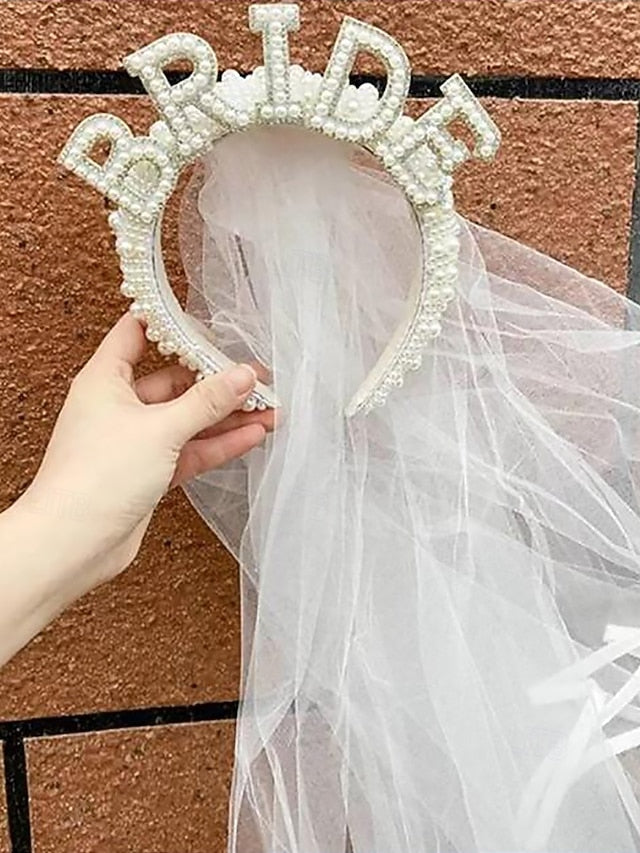 Pearl-Embellished 'BRIDE' Headband Veil – with