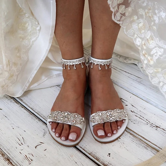 Elegant Women's Sandals White Rhinestone Flat – Bridal