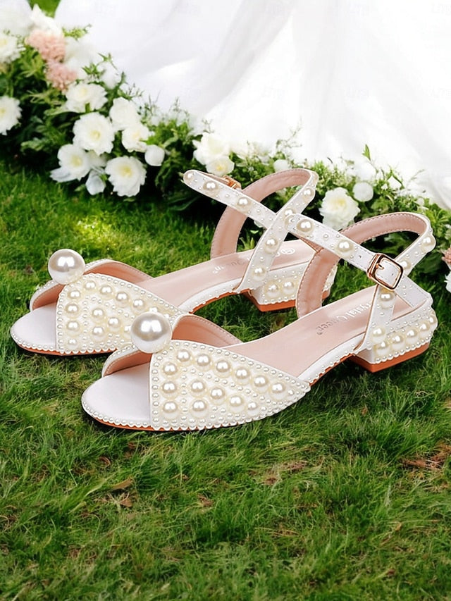 – Heel Women's Sandals Low White Pearl-Embellished